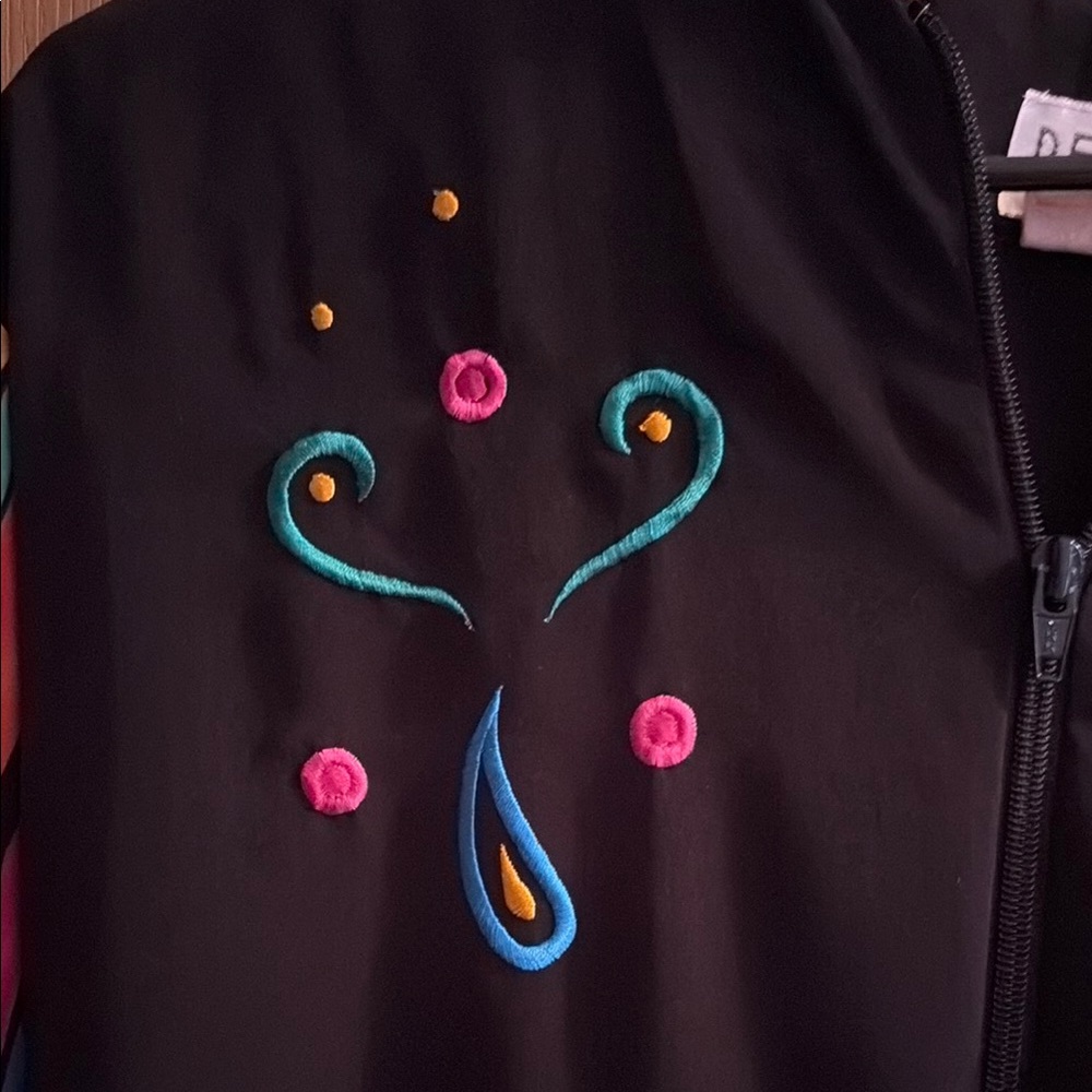 Black Bomber Jacket with Colorful Striped Sleeves - Picture 2 of 5